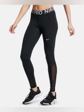 Nike Dri-Fit Black Leggings White Logo Branded Waistband Sheer Leg Running